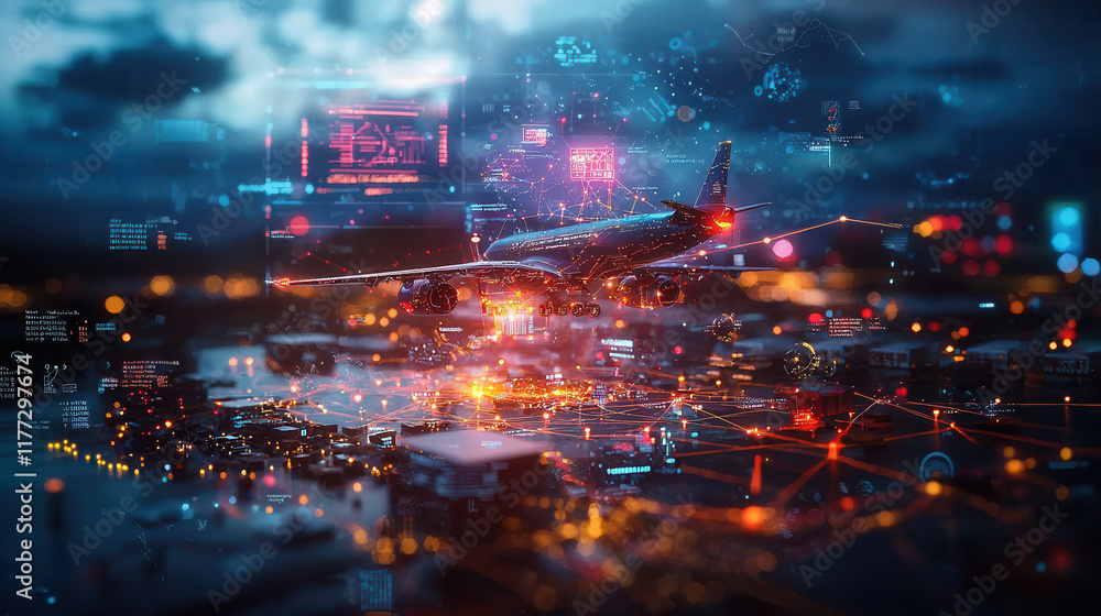 Aufkleber global logistics network with airplane flying over glowing data streams, showcasing advanced technol