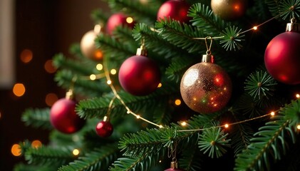 Red and gold ornaments are carefully wrapped around a garland made of holly on a large Christmas tree, gold, holly, branch decor