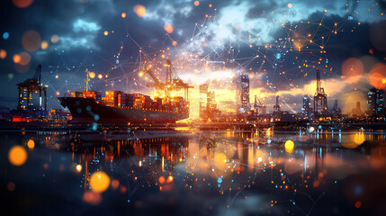 Fototapeta premium global logistics network with cargo ships at sea, showcasing vibrant connections and modern technology