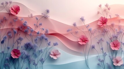 Pink Flowers and Delicate Lavender Branches on Pastel Waves