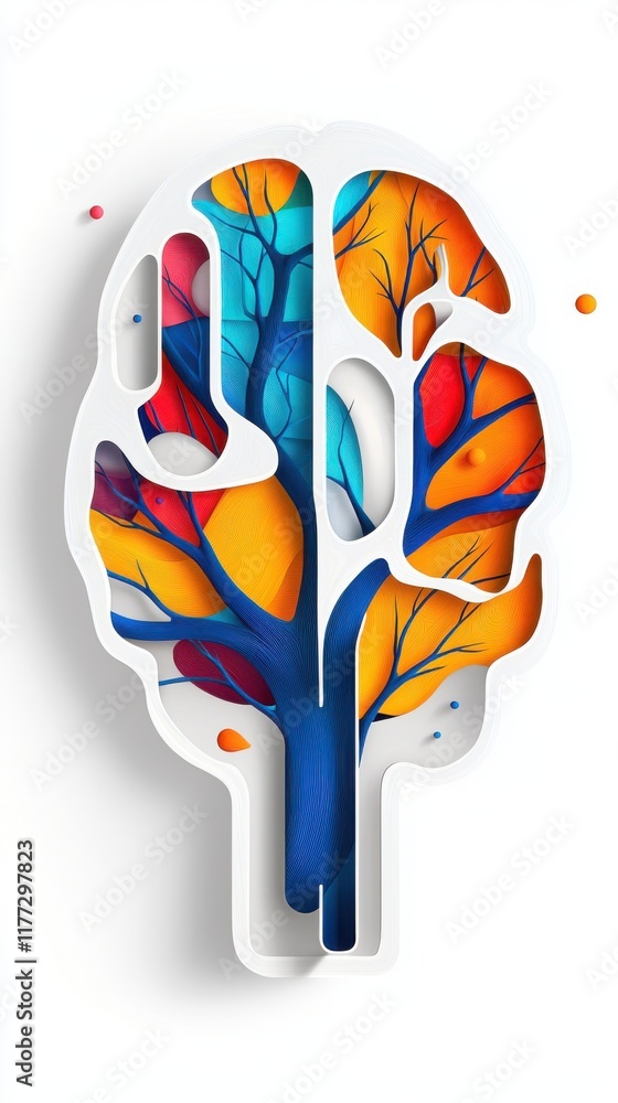 Poster a vibrant artistic representation of a brain intertwined with colorful tree branches, symbolizing cr