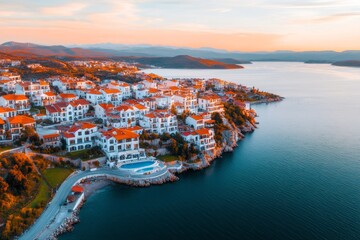 Fototapeta premium A bird's-eye view of KuÅŸadasÄ±, showcasing its sprawling coastline, vibrant rooftops, and surrounding greenery