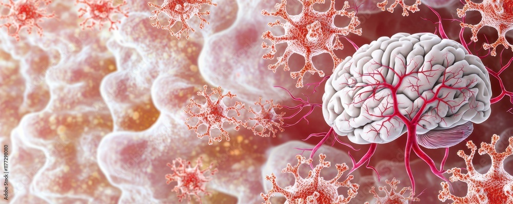 Poster a close-up view of a brain surrounded by intricate, organic structures, symbolizing neural networks 
