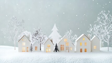 Fototapeta premium Charming village nestled in a serene winter landscape, blanketed in snow under a clear blue sky.