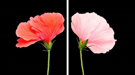 Vibrant Red and Pink Hibiscus Flowers Isolated on Black Background for Nature Lovers