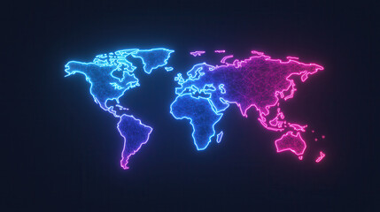 glowing holographic world map with vibrant neon colors, showcasing global connections and networks