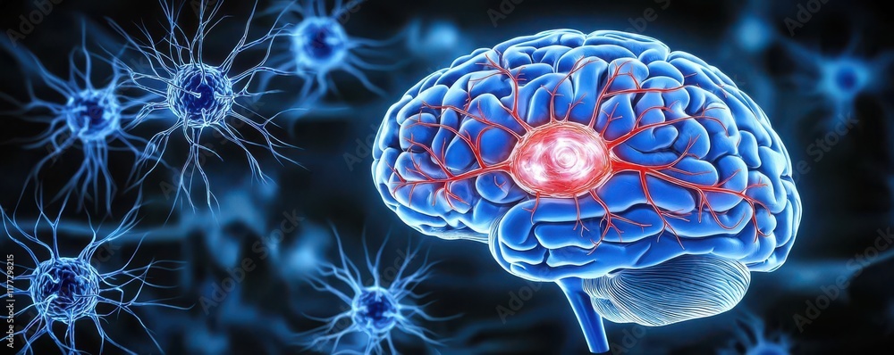 Poster a vibrant depiction of a brain surrounded by neural networks, highlighting connections and activity 
