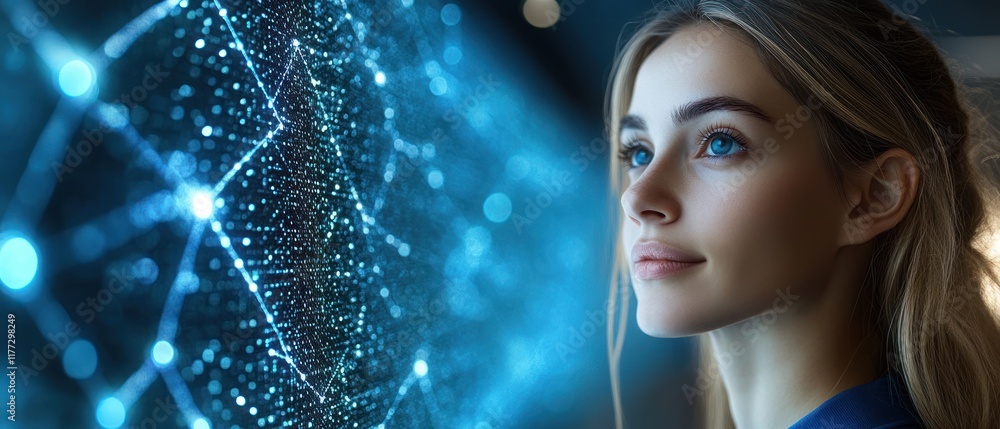Poster a woman gazes thoughtfully at a digital interface displaying interconnected data points.