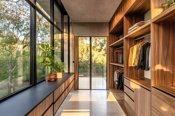 Modern and luxurious walk-in closet features floor-to-ceiling windows offering stunning views of the surrounding nature, creating a serene and stylish space for storing clothes and accessories