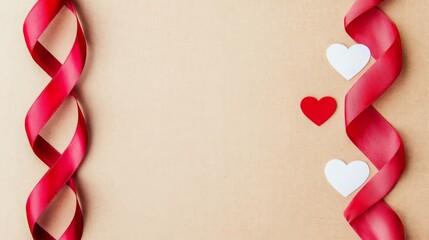Romantic Valentine s Day Background Red Ribbon Hearts Beige Paper