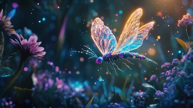 A fantastical scene of a rare flying insect with crystal-like wings, soaring through an alien atmosphere filled with glowing plants and floating bioluminescent spores