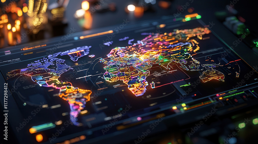 Poster vibrant digital world map showcasing logistics and scheduling systems, illuminated with colorful dat