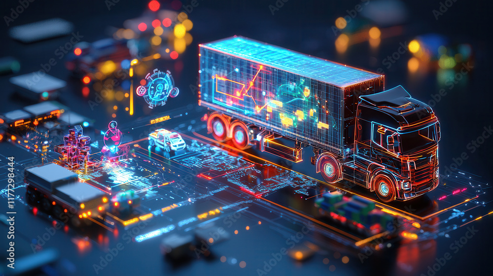 Poster logistics scheduling system with vibrant digital truck and data visualization. scene showcases advan