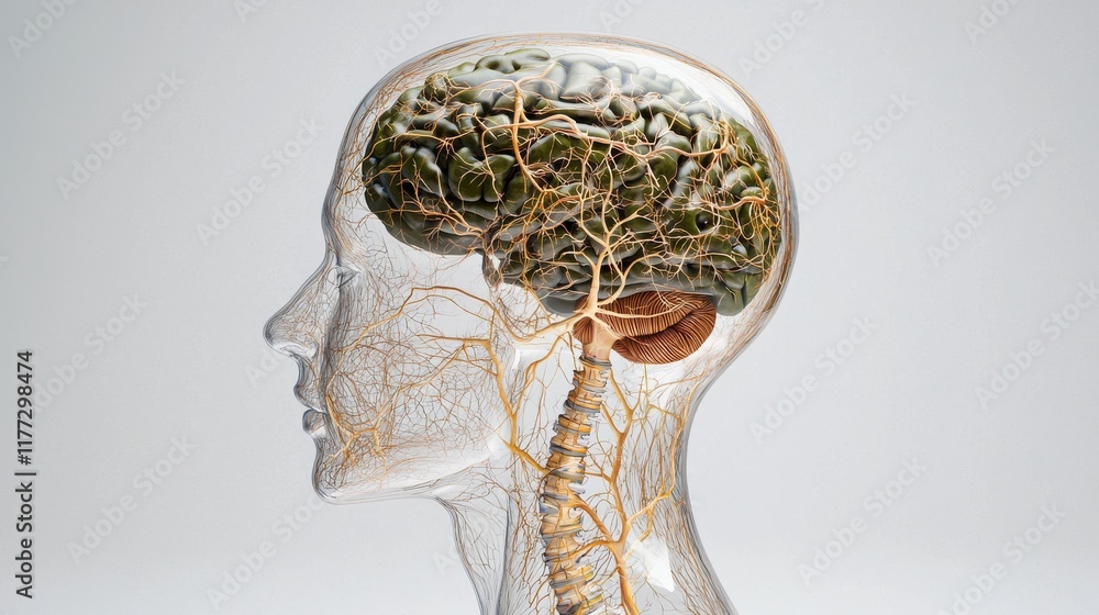 Poster a transparent silhouette of a human head showcasing intricate brain structures and a network of nerv