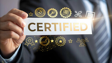 Businessman Holding Certificate with Golden Certified Label Icons