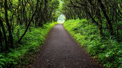 Naklejka premium A tranquil hiking trail leading to a hidden waterfall surrounded by lush vegetation