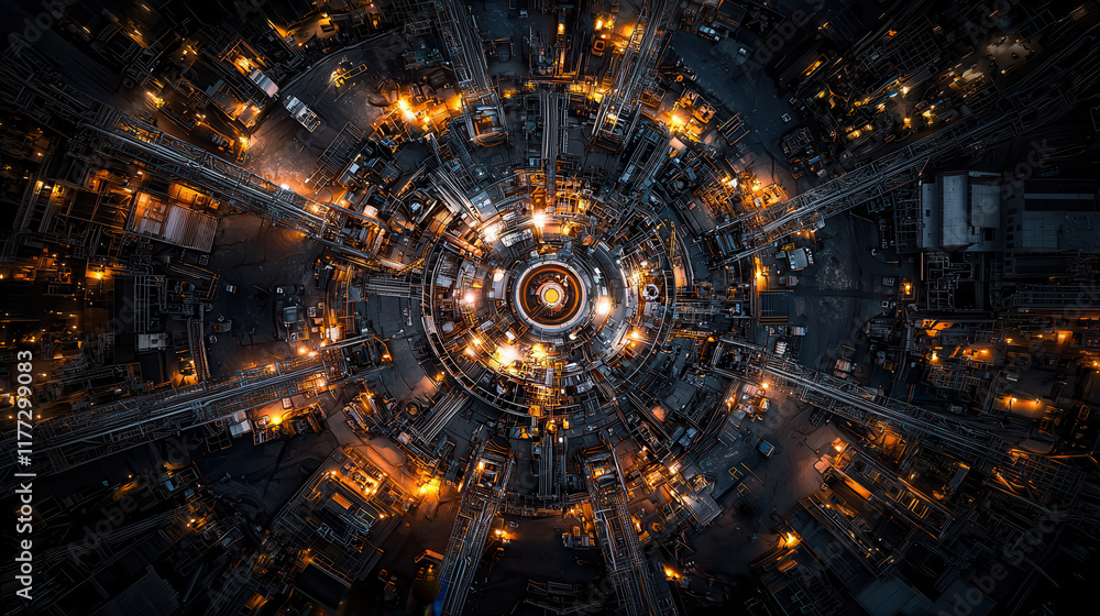 Poster aerial view of massive industrial rig with intricate pipelines and glowing lights, showcasing comple