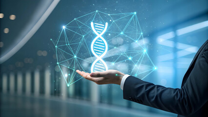 Hand Holding DNA Structure in a Futuristic Science Environment