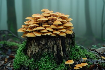 Mushrooms growing on mossy stump in foggy forest