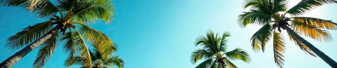 Palm trees sway gently in the tropical breeze, sunny, blue sky