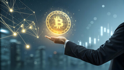 Businessman Holding Bitcoin Symbol with Financial Chart Background