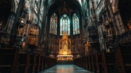 Obraz premium Grand Roman Catholic church interior with high altar, intricate stained glass windows, and rows of wooden pews.