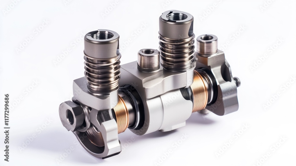 Poster a precision-engineered automotive component featuring dual valves and a rotating shaft.