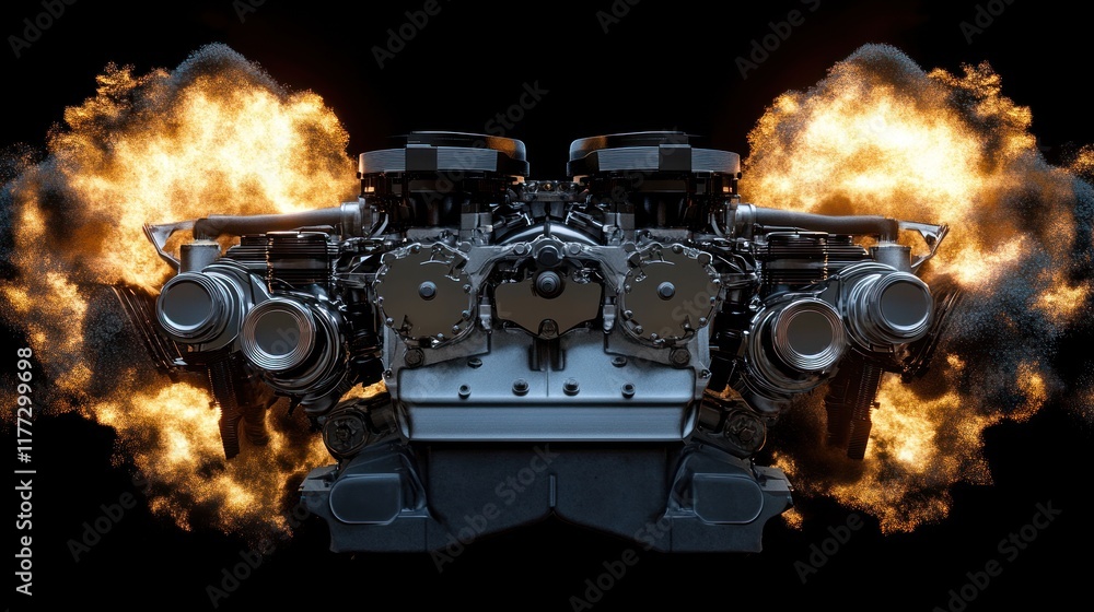 Aufkleber a powerful engine design with explosive effects, showcasing mechanical strength and performance.