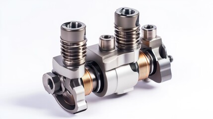 A precision-engineered automotive component featuring dual valves and a rotating shaft.