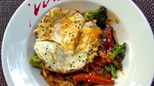 Fried eggs on rice vegetables and chipotle sauce dish meal.