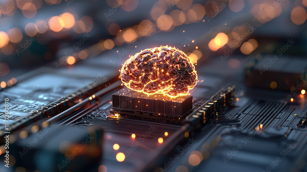 Poster ai powered brain visualization on microchip, showcasing technology potential
