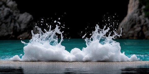 Splashing Waves on Sandy Beach with Crystal Clear Aqua Water and Rocky Cliff Background