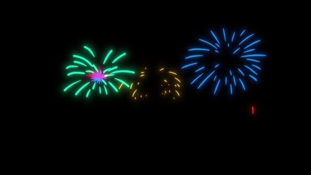 Holiday firework various color in cartoon doodle style. Vivid cute festive element decoration. Bright background for celebration, event, movie, games. 2d animation salute.