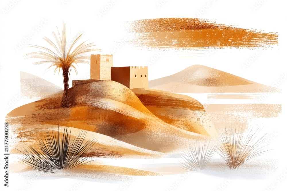Poster a clean graphic of a ksar gate, drawn with sharp lines and muted earthy tones on a white background