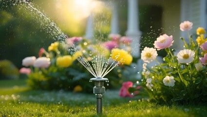 Sprinkler in a home garden surrounded by blooming flowers in soft morning light
