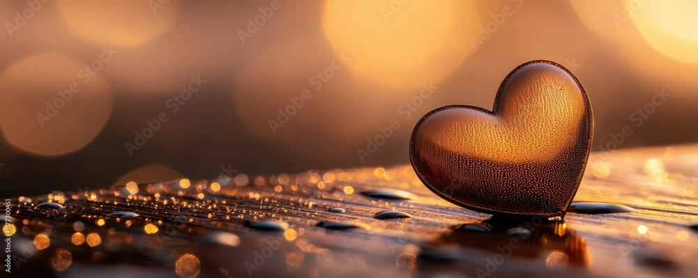 Poster a close-up of a heart-shaped object on a reflective surface with soft bokeh in the background.
