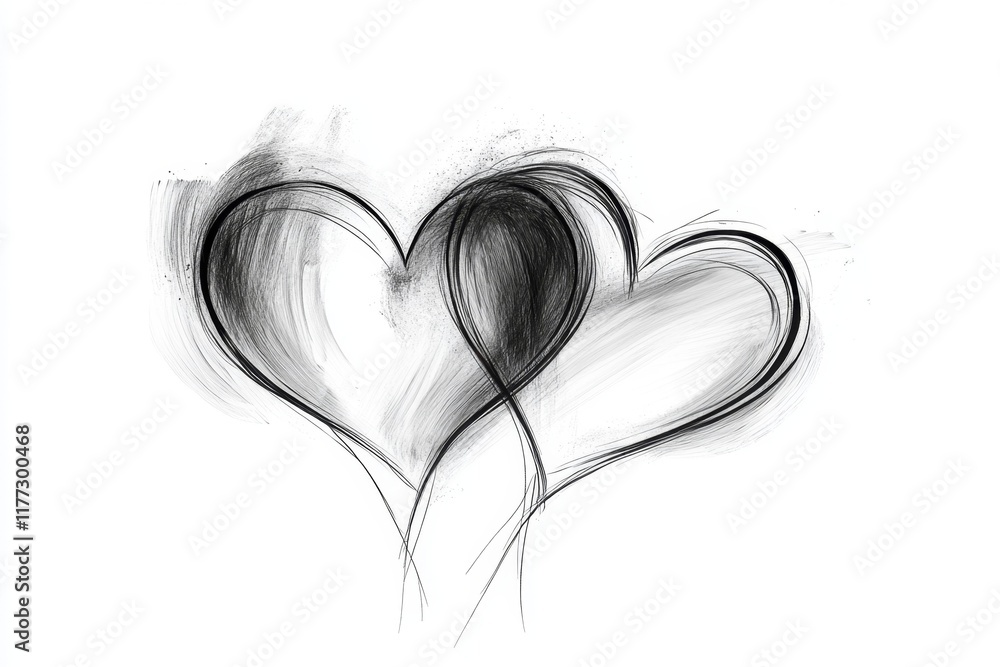 Poster a clean line art illustration of two overlapping hearts, drawn in elegant black lines on a white bac