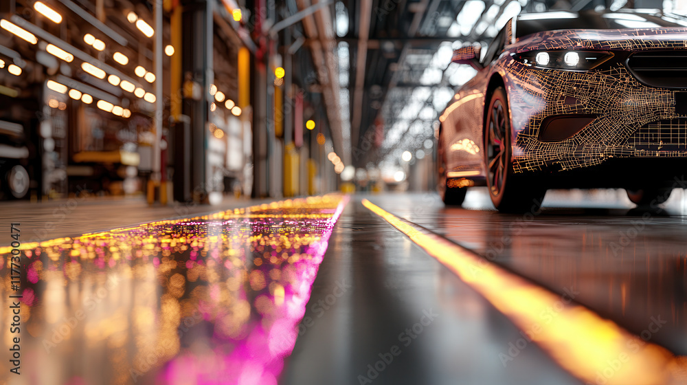 Poster modern car with augmented reality features in futuristic factory setting, showcasing advanced techno