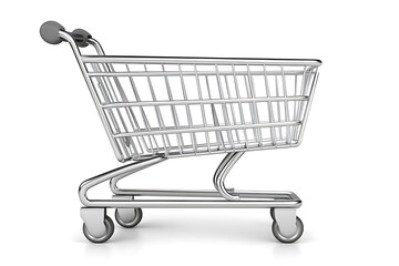 A shopping cart isolated on a white background, simple and clean design, perfect for concepts related to shopping, retail, and consumer goods.

