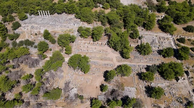 Footage of historical ruins, columns, ancient theater and temples in the ancient city of Priene.