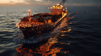 Fototapeta premium cargo ship illuminated at night, navigating through calm waters, showcasing automated tracking technology