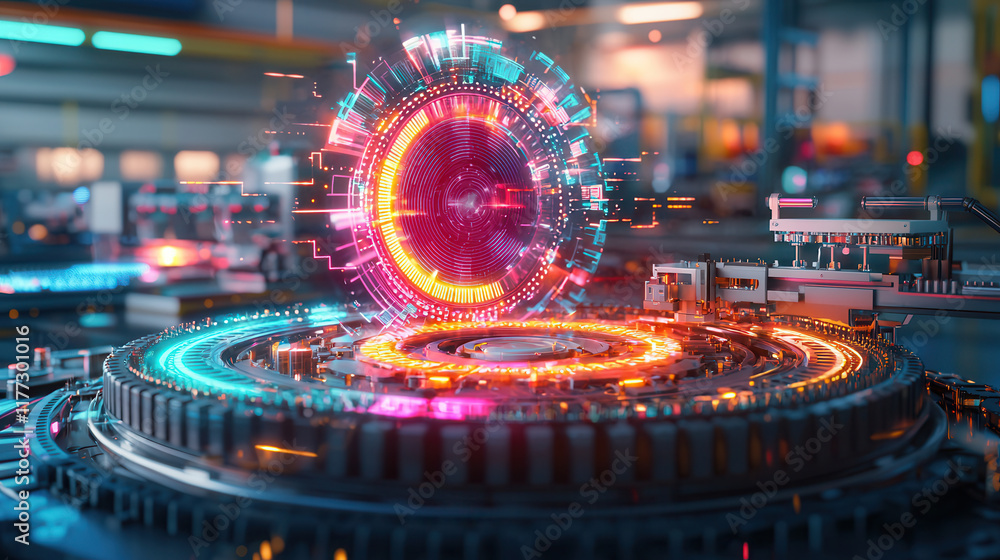 Poster futuristic digital interface with glowing circular patterns and vibrant colors, showcasing advanced 