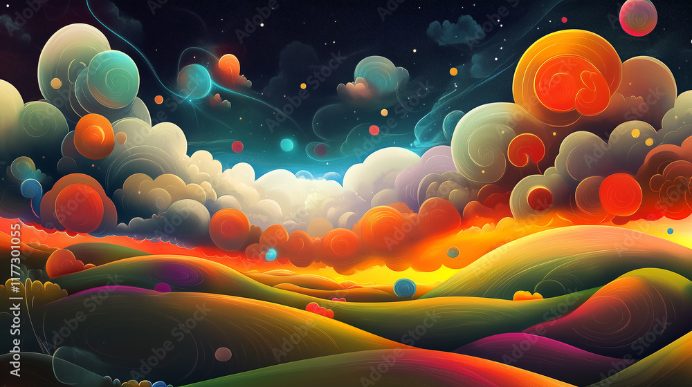 Poster abstract digital painting of colorful clouds floating across a surreal landscape with glowing patter