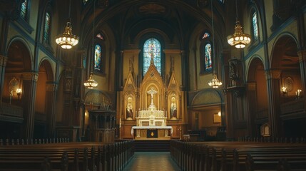 Fototapeta premium Grand Roman Catholic church interior with high altar, intricate stained glass windows, and rows of wooden pews.