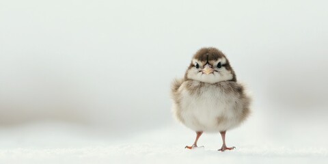 Fluffy chick standing in sharp focus, surrounded by expansive white space