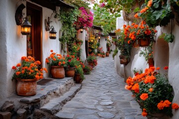 A charming stone pathway leading to a boutique hotel in Uchisar, lined with colorful flowers and traditional lanterns