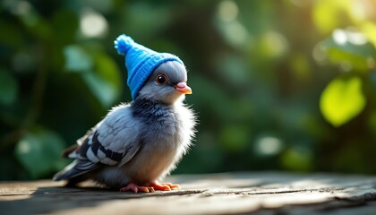 Adorable Baby Bird in Blue Knit Hat Posing Outdoors on Wooden Surface