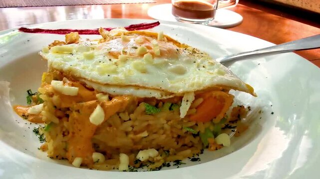Fried eggs on rice vegetables and chipotle sauce dish meal.