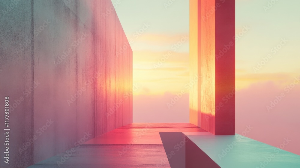 Poster a minimalist architecture with a sunset background