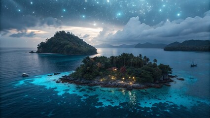 Floating Fantastical Island on Deep Blue Ocean. Perfect for: Earth Day, fantasy festivals, cosmic events